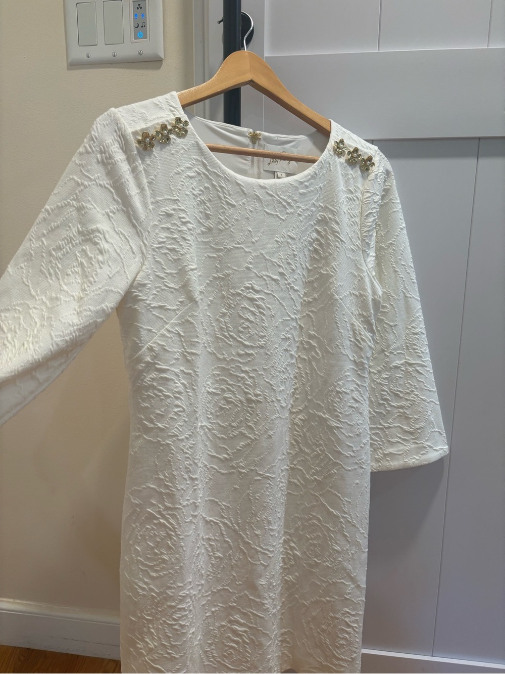 Lilly Pulitzer White Textured Midi Dress with Gold Shoulder Embellishments